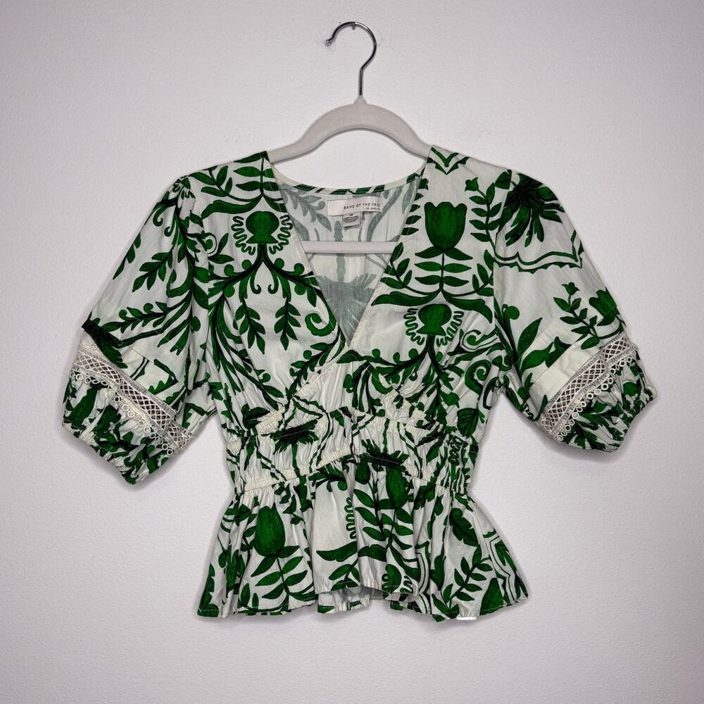 Green Botanical Blouse Euro Summer Peplum Puff Sleeve Cottagecore Top